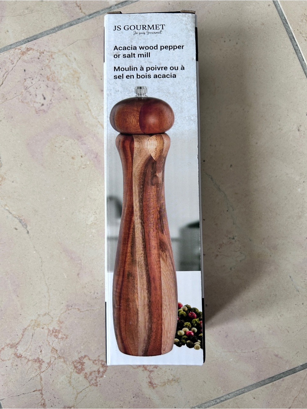 JS Gourmet Acacia Wood Pepper or Salt Mill - Natural Brown New in Box
